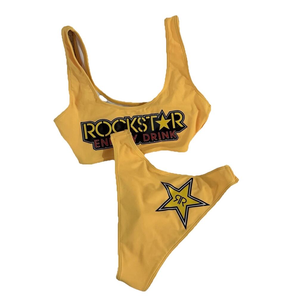 Rockstar Energy Drink 2 Piece String Bikini Size Small Yellow Tank Strap‎ Rare